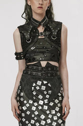 Schwarzer Stehkragen Reißverschluss Dekoration Hohl Damen Steampunk Kurzmantel Jacke